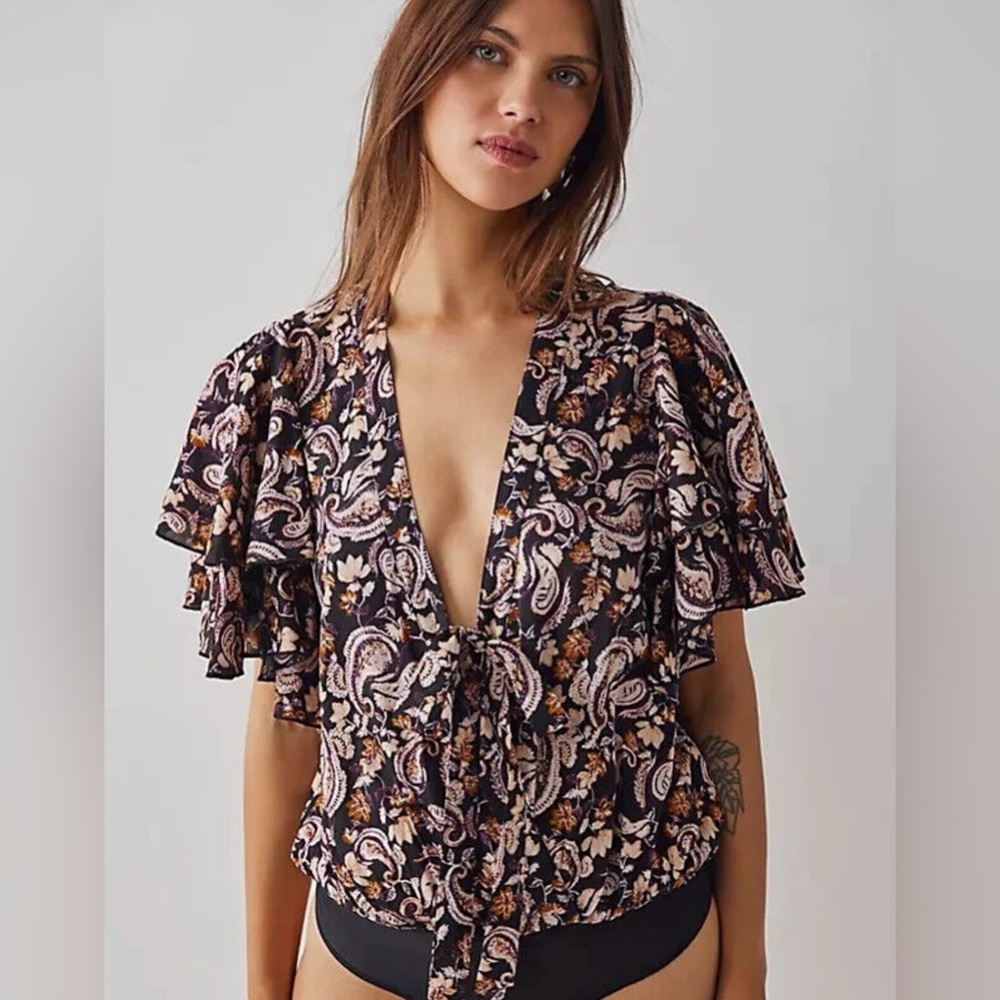 Free People “Call Me Later” paisley printed thong bodysuit